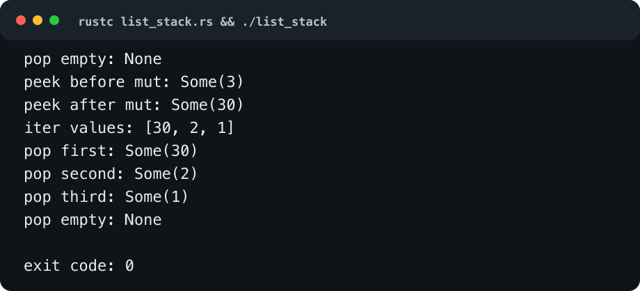 Rust 链表运行验证：完整 List 示例可以 push、peek_mut、iter 和 pop，最终空链表返回 None