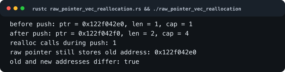 Rust raw pointer 验证：动态数组换到新 buffer 后，旧 raw pointer 仍保存老地址