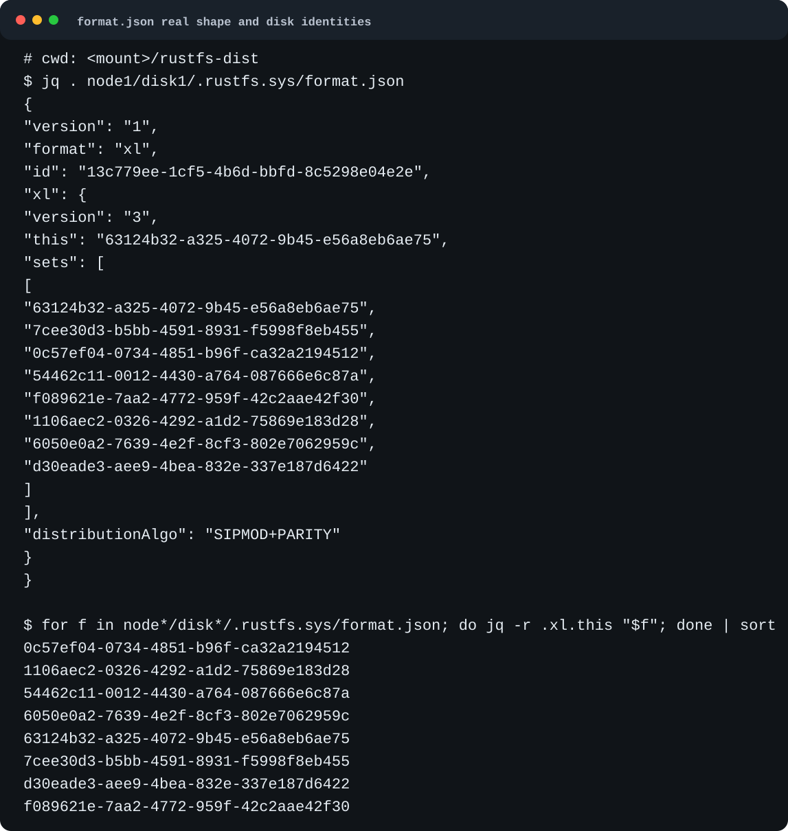 RustFS format.json 真实 JSON 结构显示顶层 id、xl.this、xl.sets 和 distributionAlgo，并列出 8 个磁盘的 this UUID