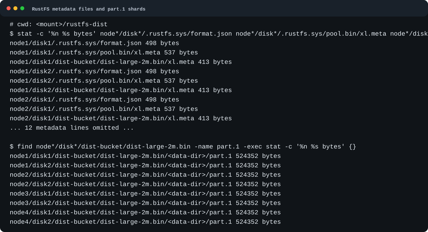 RustFS 4 节点 8 磁盘实验里，每块盘都有 format.json、pool.bin/xl.meta、对象 xl.meta，且每块盘的 part.1 分片大小都是 524352 字节