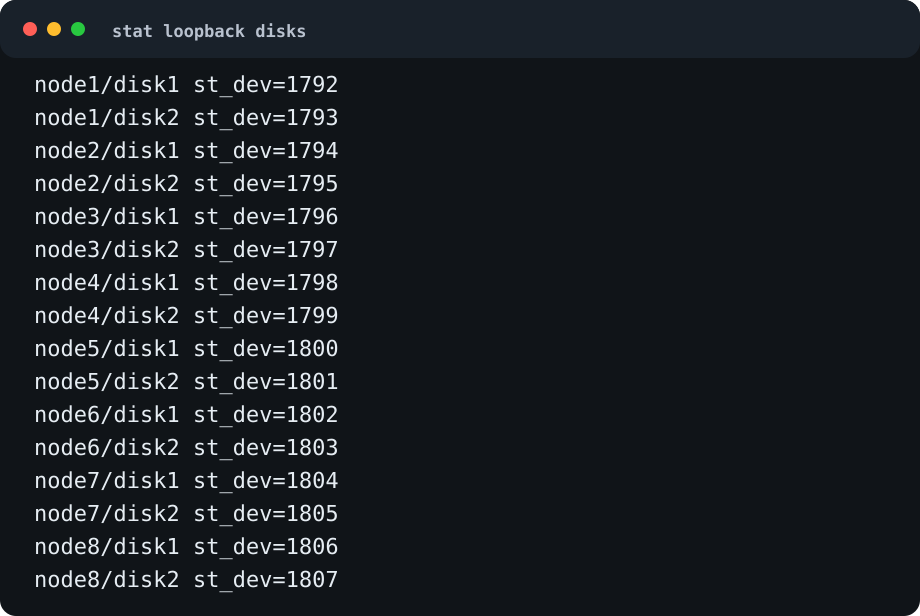 Sixteen RustFS loopback disks have different st_dev values from node1 disk1 through node8 disk2