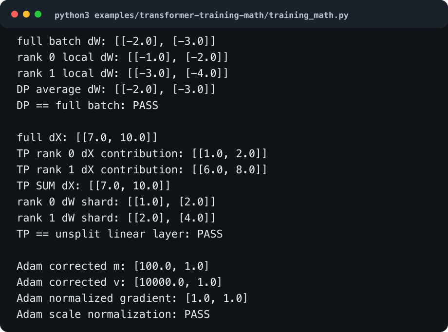 纯 Python 验证完整 batch 梯度等于 DP 平均梯度、TP 分片输入梯度之和等于完整矩阵反传，并验证 Adam 首步尺度归一化